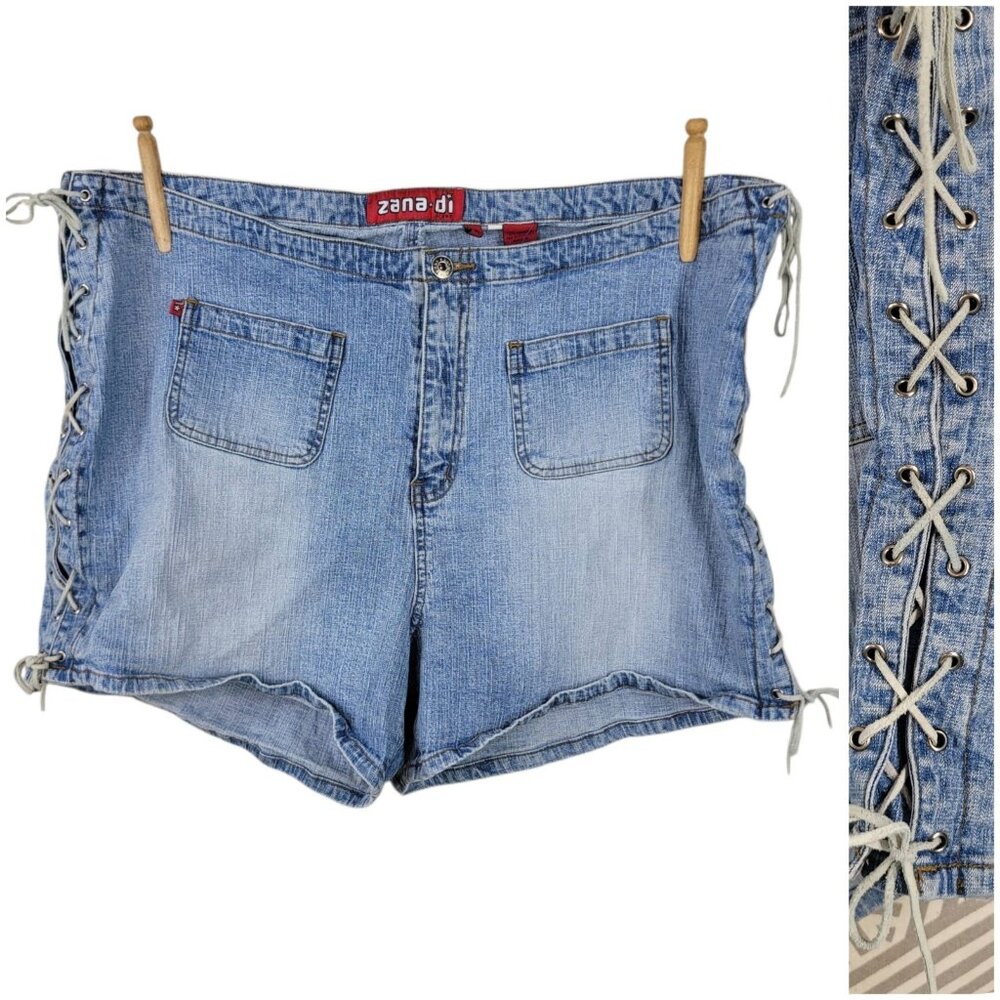 Vintage Jean Shorts Lace Up Side Plus Size 24W 24 44" Alt Denim Grunge 90s Y2K